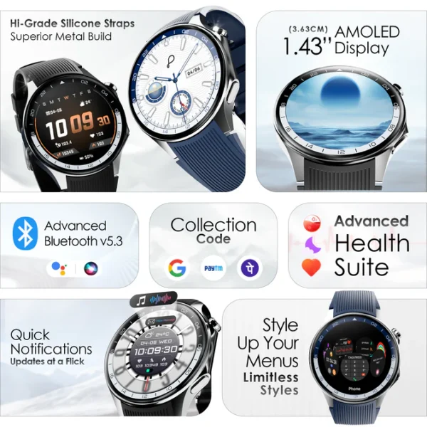 pebble Watch1.43" AMOLED Display Smartwatch | Always-On Display, Bluetooth Calling, Health & Fitness, Feather Touch, - Image 4