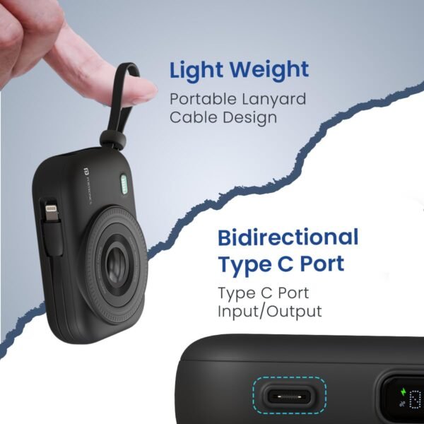 Portronics Power Shutter 10000mAh 15W Magnetic Wireless Fast Charging Powerbank with in-Built Type C & 8 Pin Cable, - Image 2