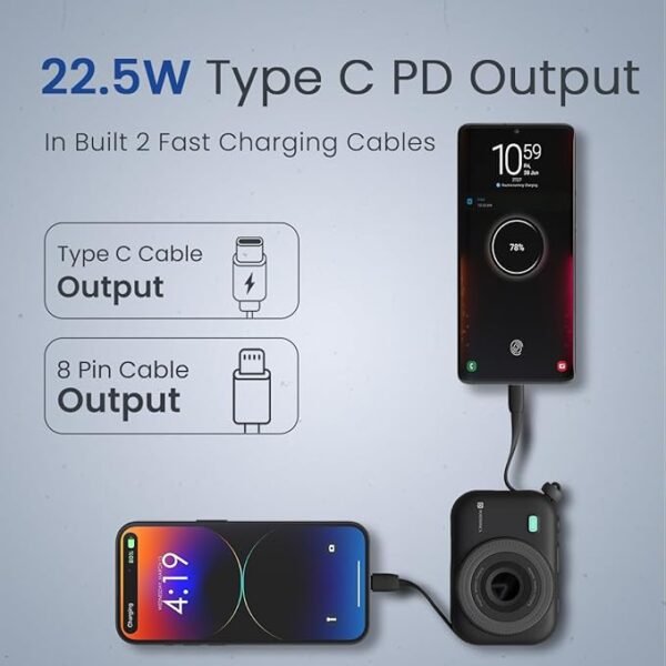 Portronics Power Shutter 10000mAh 15W Magnetic Wireless Fast Charging Powerbank with in-Built Type C & 8 Pin Cable, - Image 3