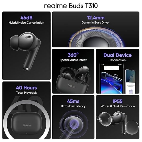 realme Buds T310 True Wireless in-Ear Earbuds with 46dB Hybrid ANC, 360° Spatial Audio, (Vibrant Black) - Image 4