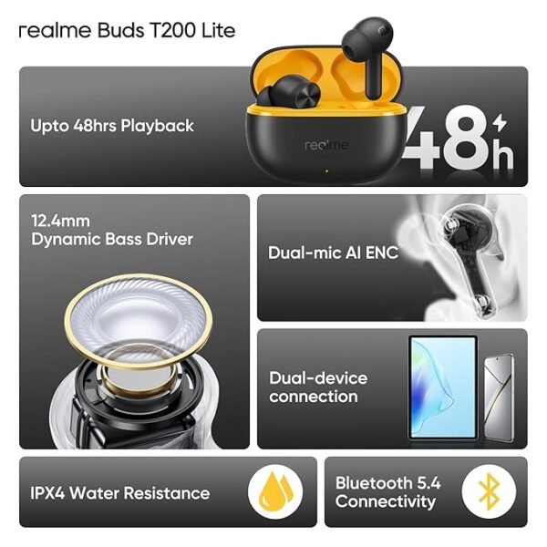 realme Buds T200 Lite Bluetooth in Ear Earbuds,4 Mic, AI ENC for Calls,Google Fast Pair, with mic (Volt Black) - Image 4