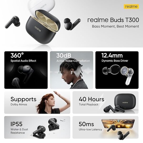 realme Buds T300 TWS in Ear Earbuds with 40H Play Time,12.4 Mm Dynamic Bass Boost Driver, Ip55 Water & Dust Resistant, - Image 4
